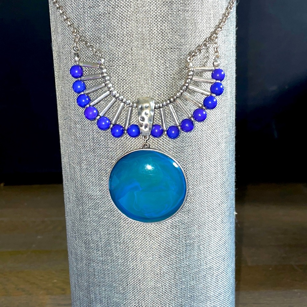Silver & Blue Deco Necklace with Large Circle Drop Pendant & Silver Touches